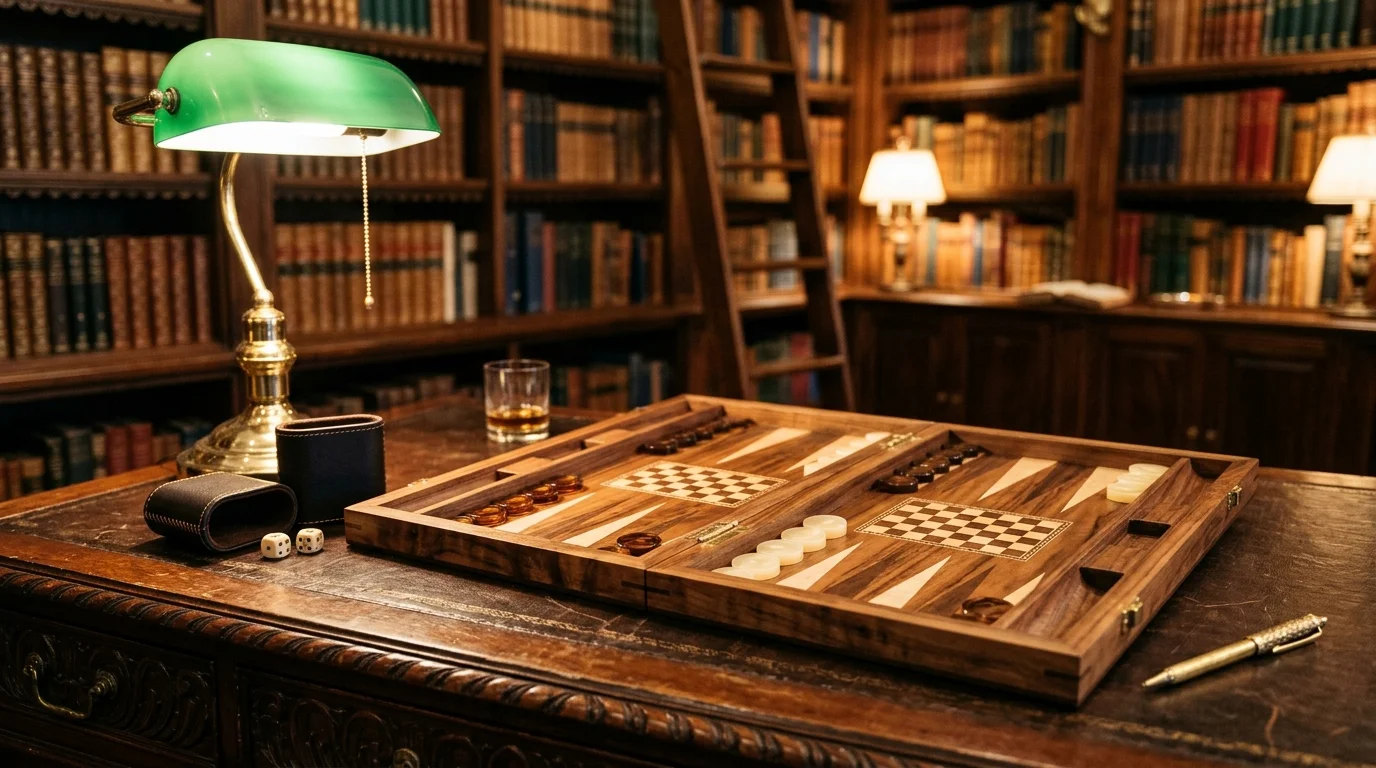 Refined backgammon study setting with handcrafted wooden board, leather dice cups, and library books