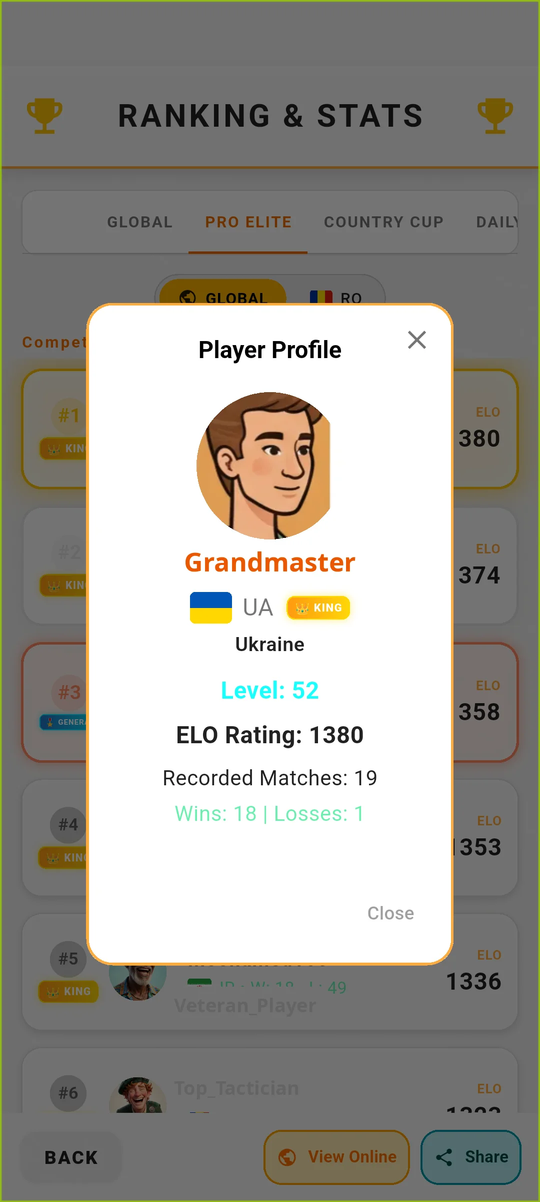 Authentic in-app player card showing stats, flag, and win records.