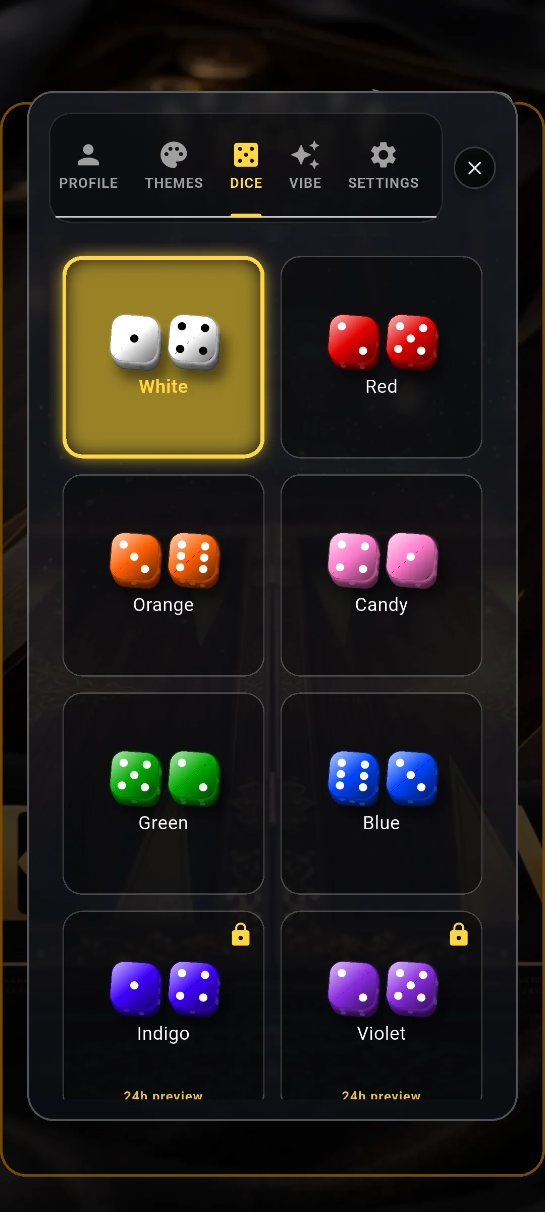 The DICE selection tab with handcrafted 3D dice materials and equip indicators.