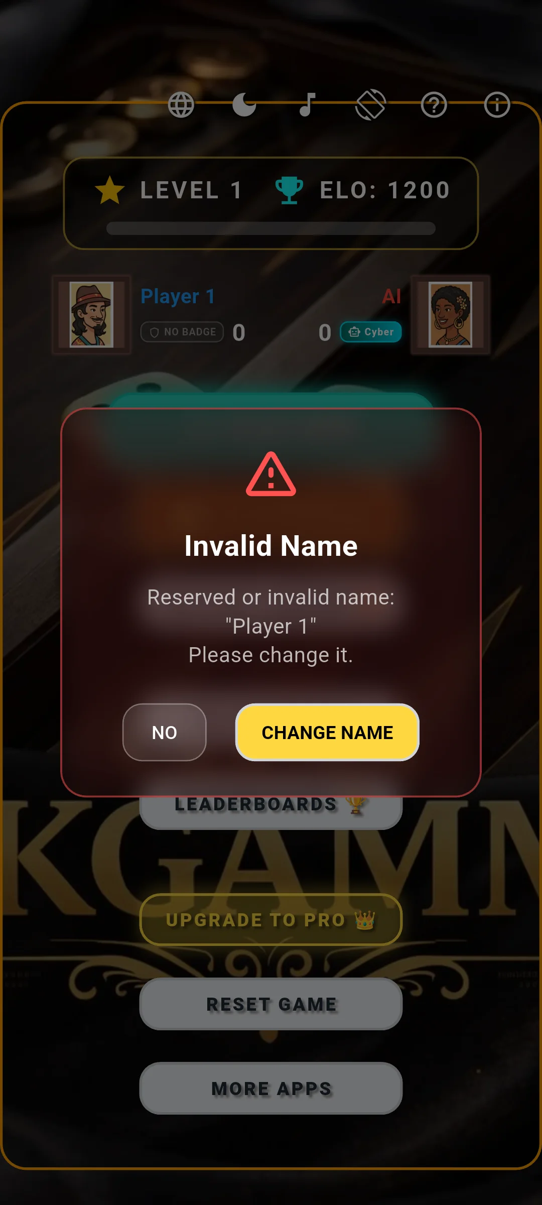 Authentic alert dialog prompting the player to enter a unique name before competitive play.
