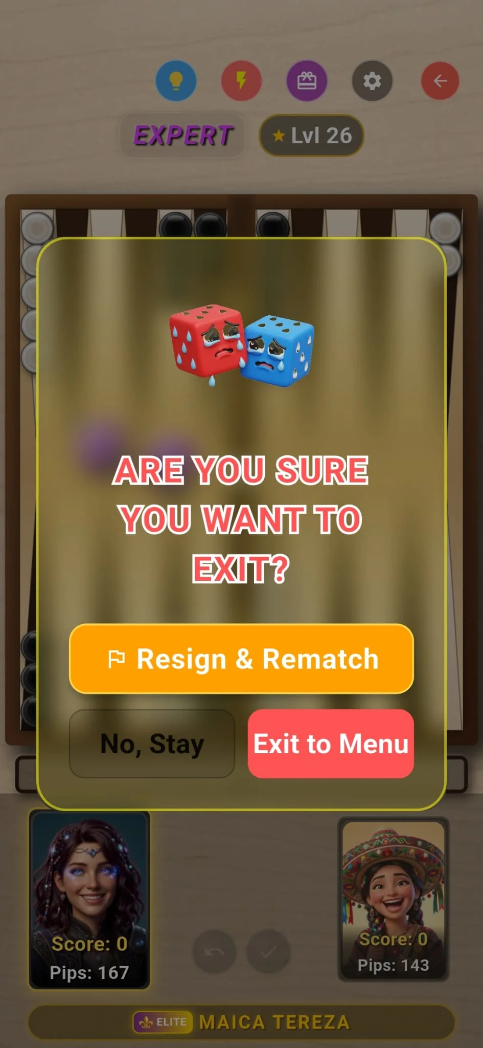 Exit confirmation dialog in portrait mobile view showing the forfeit penalty warning.
