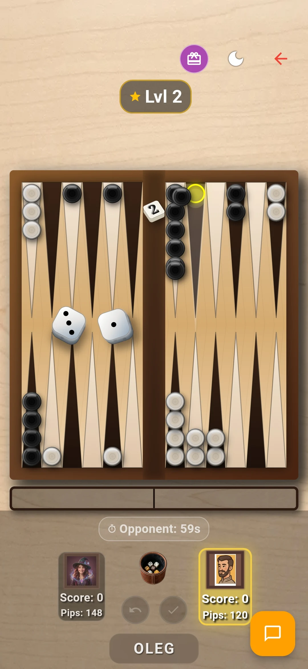Active mid-game match displaying real-time Pip counters (Pips: 148) and legal destination highlights.