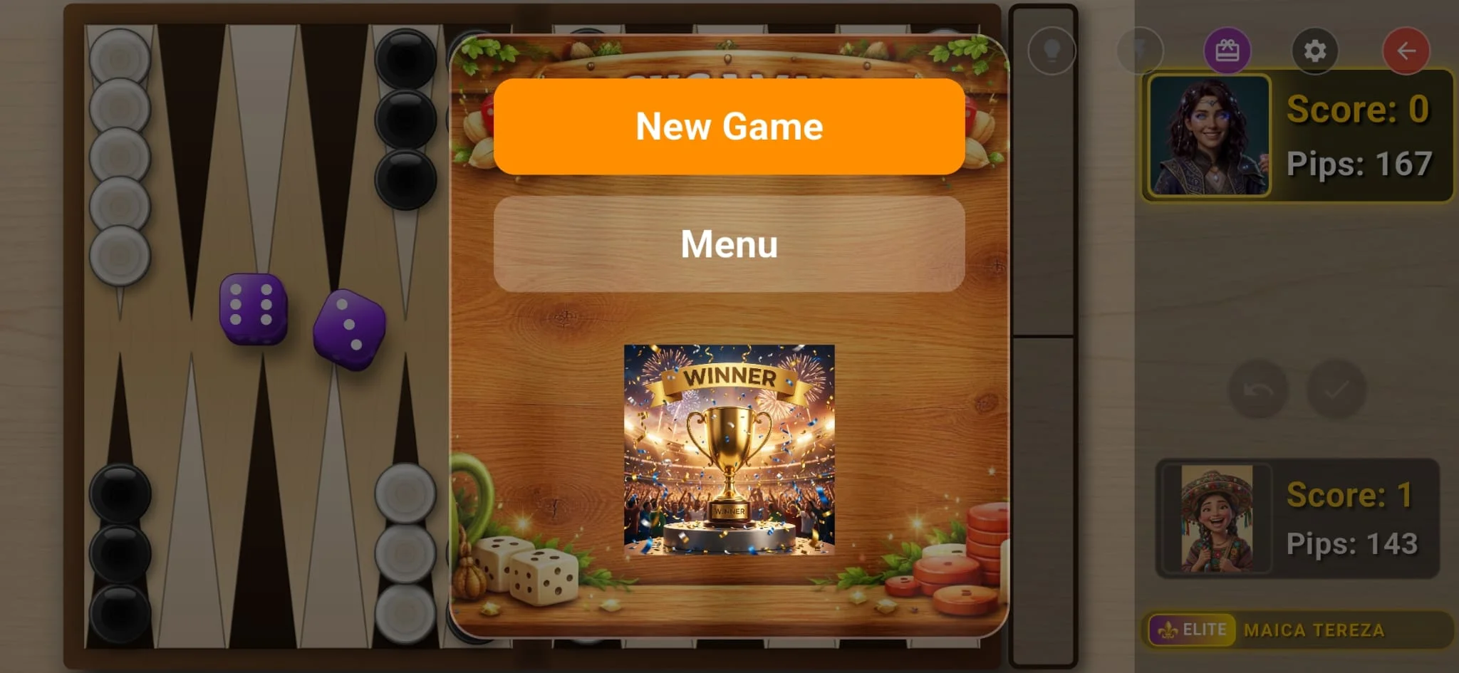 Post-resignation landscape screen with updated ELO points and instant rematch button.