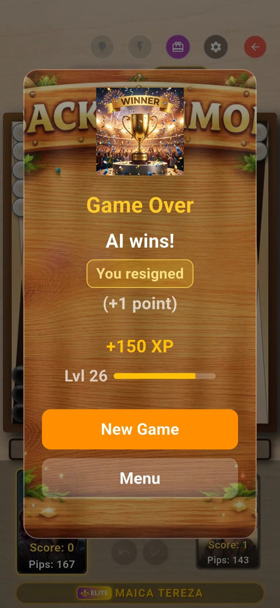 Portrait post-resignation victory/rematch screen on mobile.