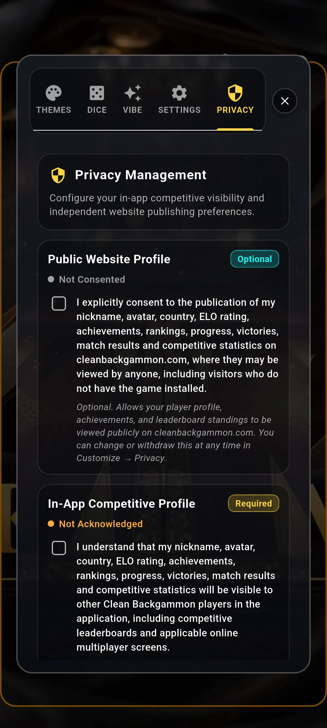 Understanding Privacy Settings & Competitive Consent in Clean Backgammon