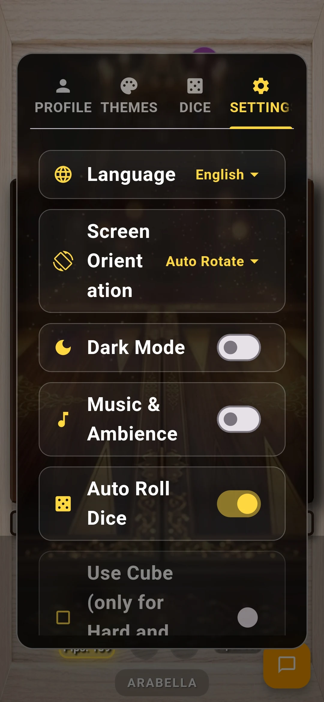 In-game audio, language, and screen orientation switches.
