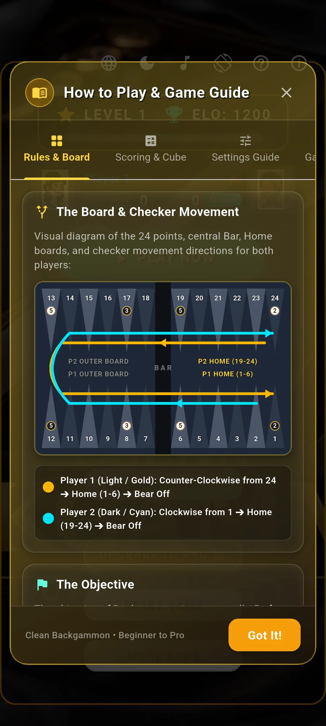 The in-app Help dialog displaying official rules, FAQ, and support contacts.